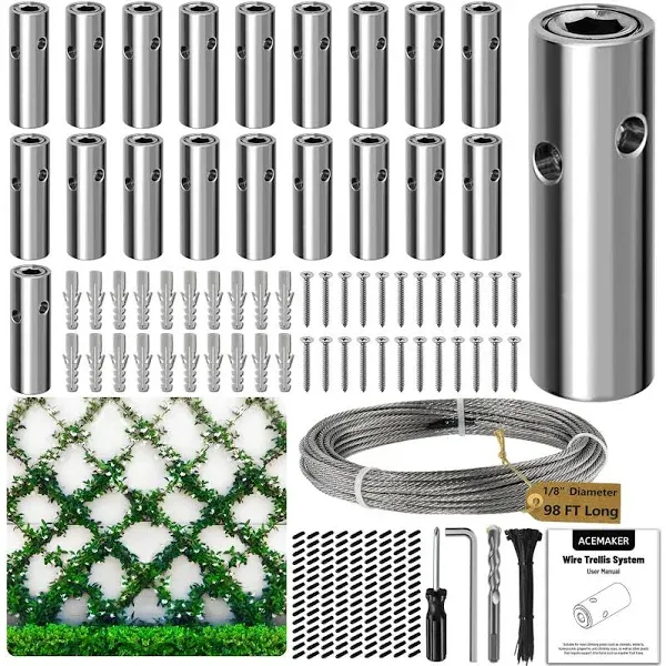 Acemaker Wire Trellis for Climbing Plants Outdoor, 20 Sets Wall Wire Trellis Kit with Wire Cutter & 1/8in x 98ft Wire Ropes, T316 Stainless Steel