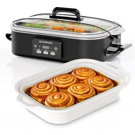 MAGNIFIQUE Small 4 Quart Casserole Programmable Slow Cooker with Ceramic Baking Dish