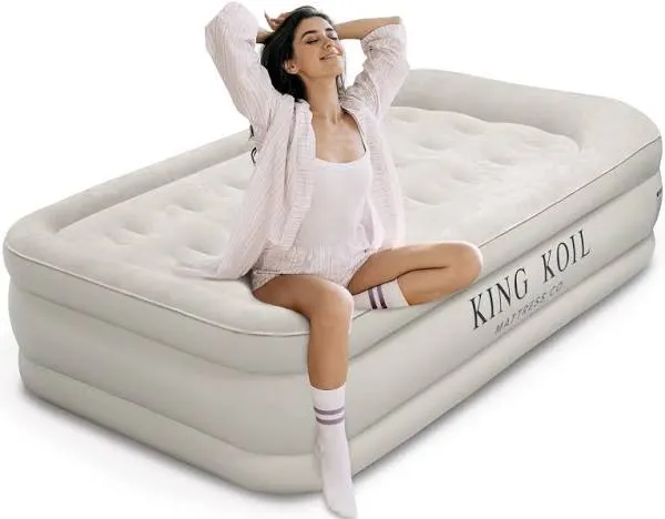 King Koil Luxury California King Air Mattress with Built-in Pump - 20” King Size Inflatable Airbed Luxury Double High Adjustable Blow Up Mattress