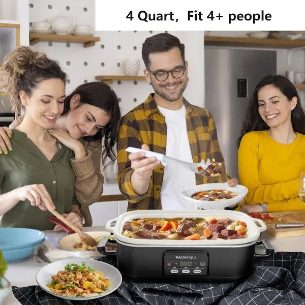 MAGNIFIQUE Small 4 Quart Casserole Programmable Slow Cooker with Ceramic Baking Dish