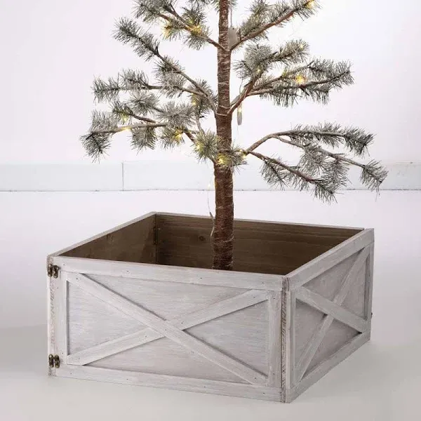 Glitzhome 22" L White Wooden Tree Collar Tree Stand Cover Decorative Christmas Tree Skirt Tree Box for Christmas Decoration