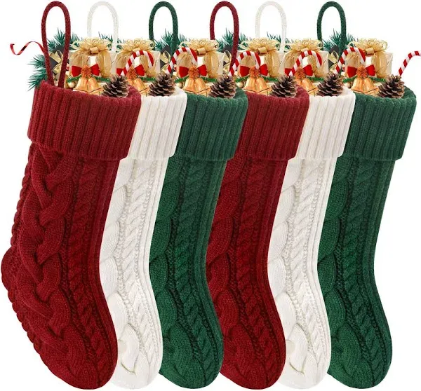 18 Inches Christmas Stockings 6 Pack, Traditional Knitted Xmas Hanging Stockings, Red, Ivory, Green, Christmas Holiday Party Decoration