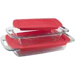 Pyrex Easy Grab 4-piece Rectangular Glass Bakeware Set with Red Lids