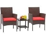 FDW 3 Piece Bistro Conversation Set Patio Brown Wicker Chairs Furniture Outdoor Furniture Set 2 Rattan Chairs with Red Cushions and Glass Coffee