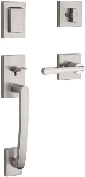 Prestige Spyglass Single Cylinder Satin Nickel Door Handleset with Square Spyglass Door Handle Feat SmartKey Security