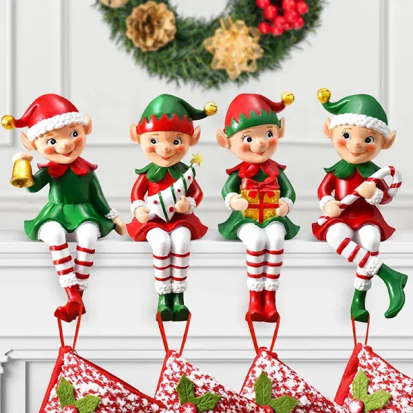 Hand-Painted Elf Stocking Holder Set – Durable Resin Mantle Hangers (4-Pack)