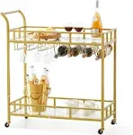 VEVOR 2 Tiers Gold Metal Bar Serving Cart with Wine Rack Glass Holder 120 lbs BLFWCCB15X315AFJYV0