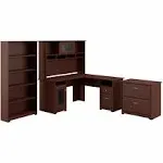 Cabot L Shaped Desk with Hutch Lateral File Cabinet and 5 Shelf Bookcase Harvest Cherry - Bush Furniture