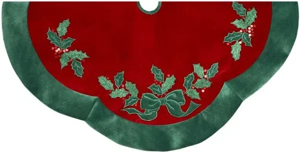 Kurt Adler 48" Velvet Red with Green Leaves Applique Tree Skirt