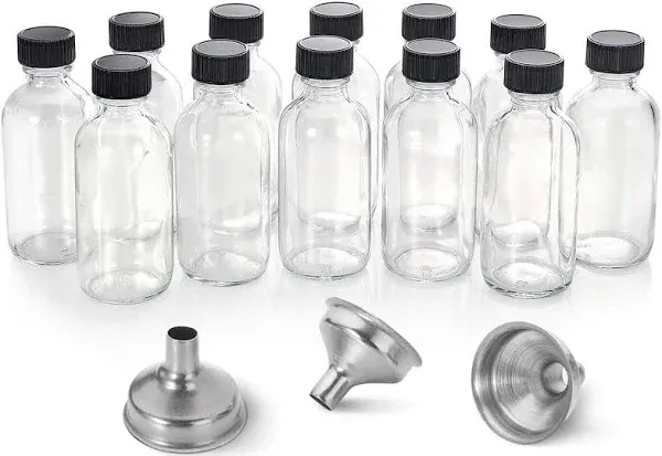 Dawht 12, 2 oz Small Clear Glass Bottles (60ml) with Lids & 3 Stainless Steel Funnels - Boston Round Sample Bottles for Potion, Juice, Ginger Shots, Oils,