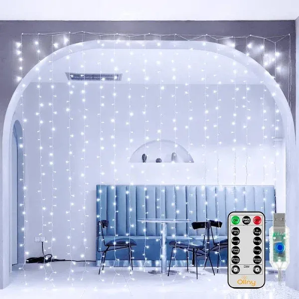 Ollny 300 LED 9.8ft*9.8ft Cool White Christmas Curtain Lights (Clear Cable, USB, 8 Modes)