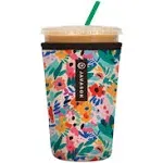 Sok-It JavaSok Reusable Iced Coffee Sleeve, Green/Pink, Abstract Floral, Medium 22-28oz