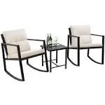 Flamaker Patio Chairs 3 Piece Wicker Rocking Chair Outdoor Bistro Sets with Coffee Table and Cushions Metal Frame Patio Furniture for Porch, Balcony, Lawn (White)