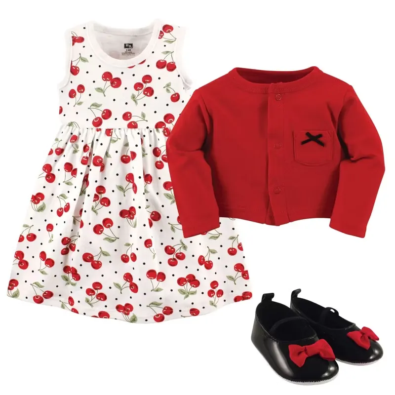 Hudson Baby Infant Girl Cotton Dress, Cardigan and Shoe 3pc Set, Cherries