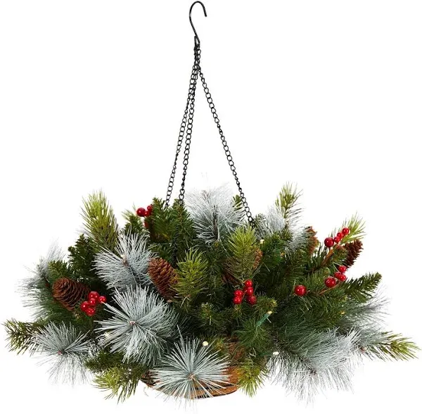 Nearly Natural 24" Holiday Pre Lit Pine and Berries Artificial Christmas Hanging Basket