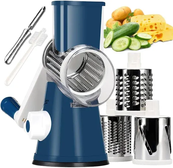 KEOUKE Rotary Cheese Grater with Handle Vegetable Slicer Shredder Grater for Kitchen 3 Blades