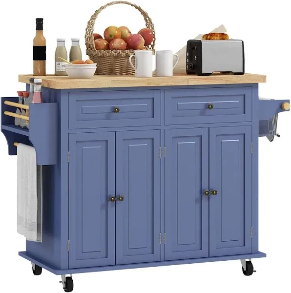 HOMCOM Kitchen Island on Wheels, Rolling Cart with Rubberwood Top, Spice Rack, Towel Rack and Drawers for Dining Room, Navy Blue