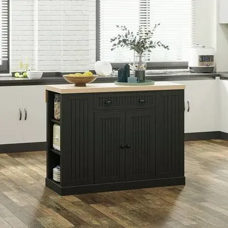 HOMCOM 47" Fluted-Style Wooden Kitchen Island Kitchen Countertop Storage Cabinet with Drop Leaf