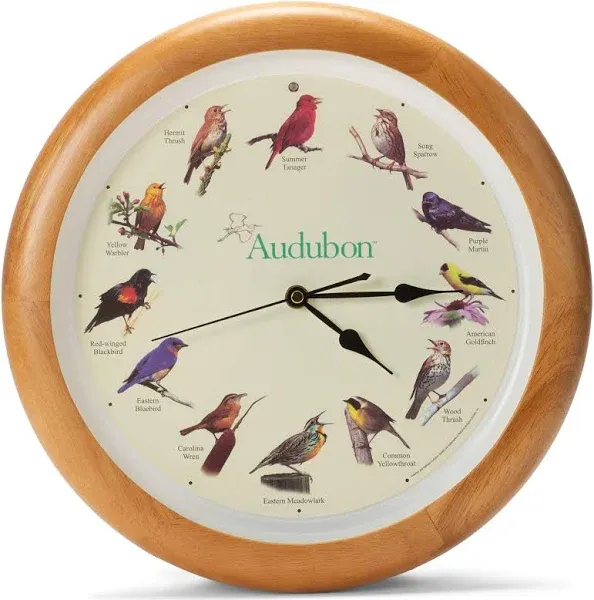 Audubon Society Singing Bird Clock, Oak Wood Frame, 13"