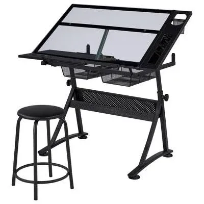 Yaheetech Glass Drafting Table with Stool