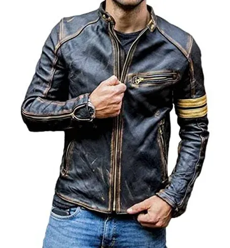 Men&#039;s Distressed Black Biker Vintage Motorcycle Cafe Racer Real Leather Jacket 