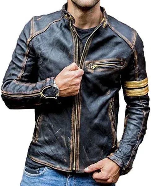 Men&#039;s Biker Vintage Cafe Racer Leather Jacket Genuine Lambskin Leather Jacket