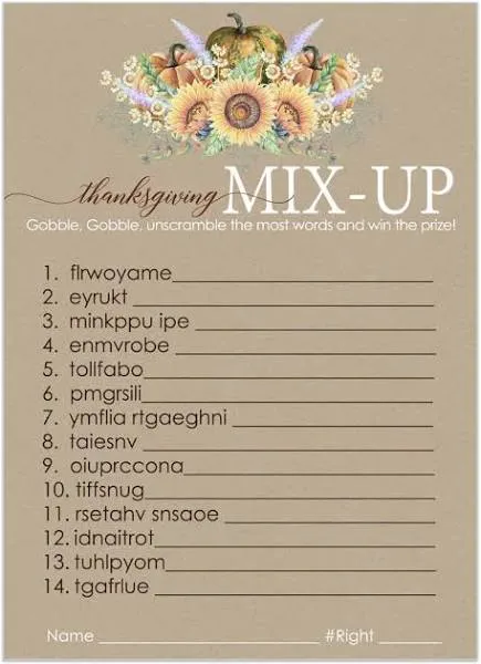 Harvesting Sunflower Thanksgiving Word Scramble Game Cards