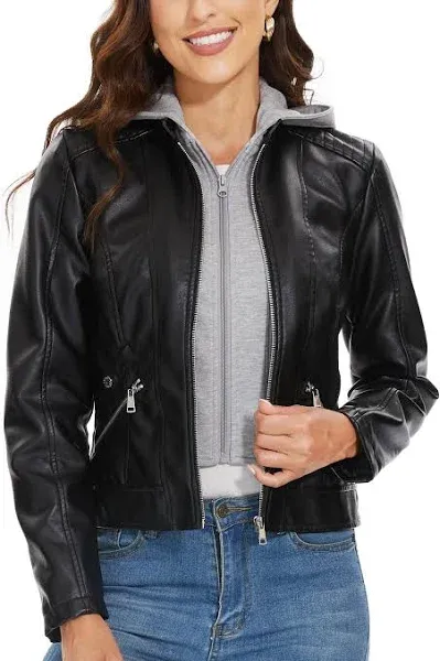 Women Fahsyee Faux Leather Jackets Zip Up Motorcycle Short PU Moto Biker Outwear Fitted Slim Coat Black Size