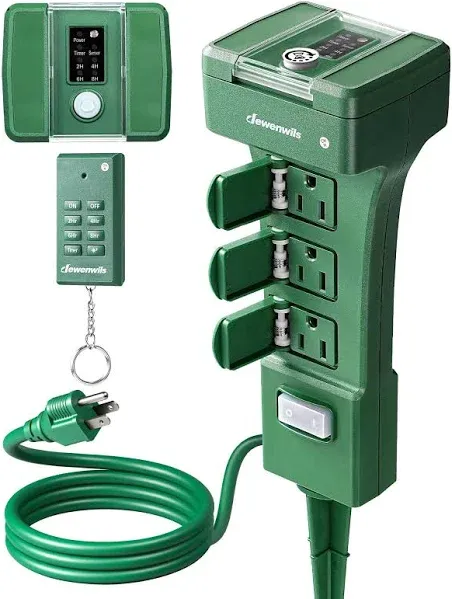 Outdoor Power Stake Timer Waterproof Remote 6 Outlets 6ft Cord Dusk to Dawn NEW