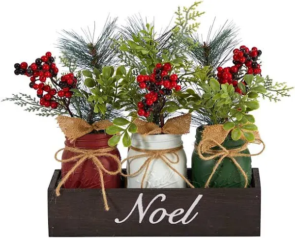 Nearly Natural Holiday Winter Pine and Berries Three Piece Mason Jar Christmas Artificial Arrangement Dcor