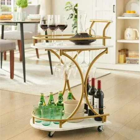 2-Tier Bar Cart Industrial Style Wine Cart Beverage Cart Wine Rack Glass Holder Rolling Drink Trolley