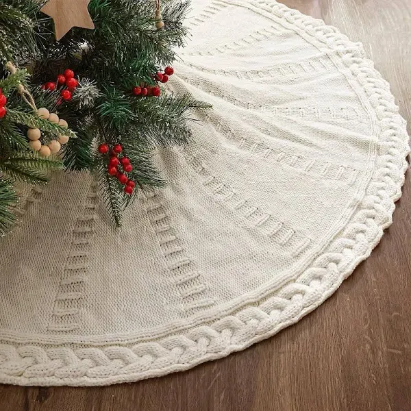 Knitted Christmas Tree Skirt: 48 Inches Cream White Tree Skirt, Braided Cable...