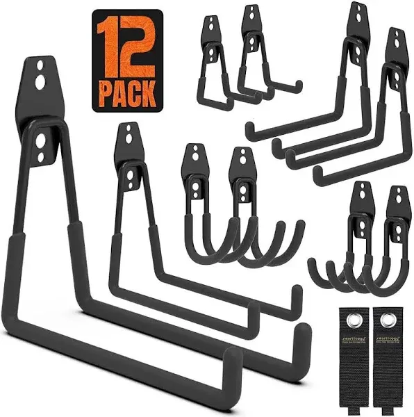 SMARTOLOGY Garage Hooks, 12 Pack Wall Mount Storage Holders with 2 Black 