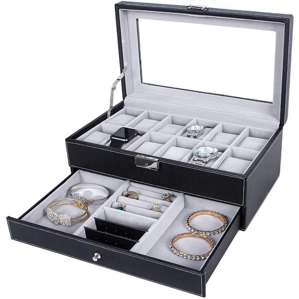 BEGHOME Watch Box 12 Slot Watch Display Organizer Leather Jewelry Case Drawer ...