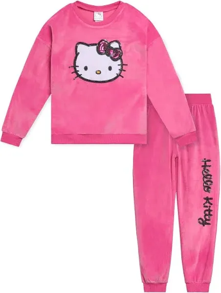 Hello Kitty Girls Velour Drop Shoulder Sweatshirt and Jogger Pants Outfit Set