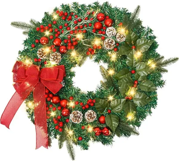 24 inch Pre Lighted Handmade Christmas Wreath