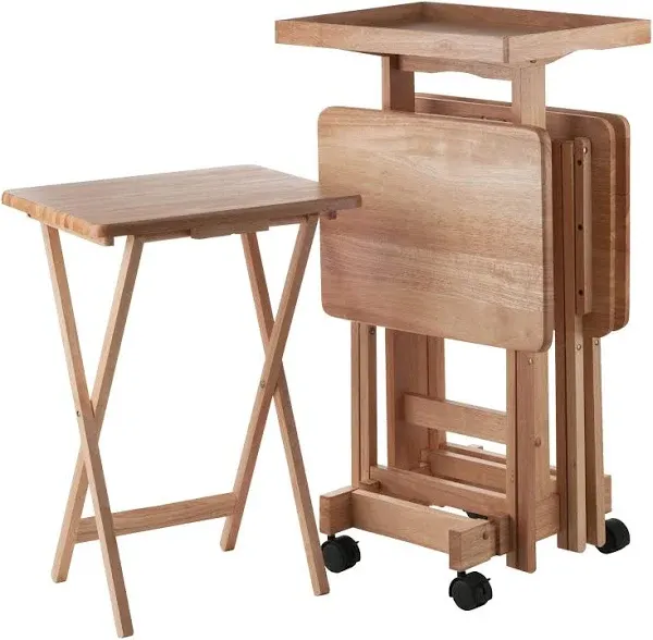 Pemberly Row 6-Piece Transitional Solid Wood Snack Table Set in Walnut