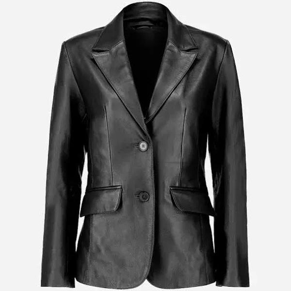 TJVZ 2-Button Lambskin Leather Blazer for Women - Long Sleeves Casual Coat Suit Style Leather Jacket for Women