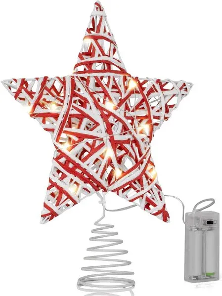 Christmas Star Rattan Tree Topper – Red and White Xmas Holiday Decor Rustic LED 