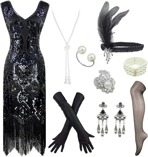 1920s Gatsby Sequin Fringed Paisley Dress