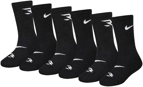 NIKE 3 Brand Boys Socks Crew Cushioned Breathable Dri Fit 6 Prs Shoe Size 5Y-7Y