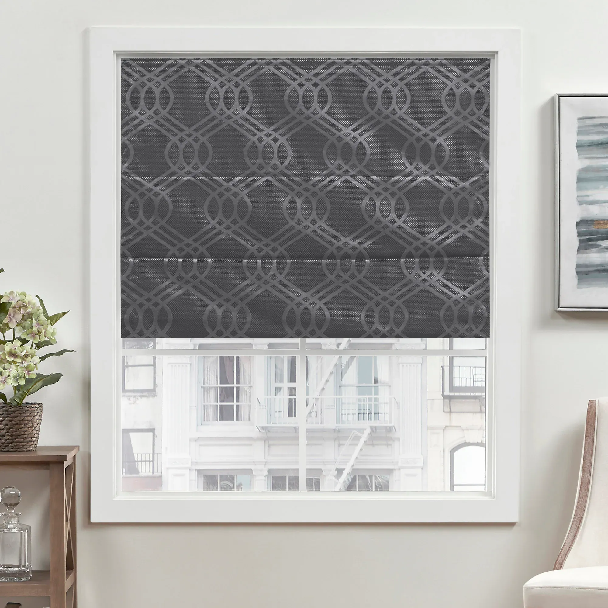 EXCLUSIVE HOME Prague Trellis Grey Cordless Total Blackout Roman Shade 34 in. W x 64 in. L YO013607DSEHD1 020