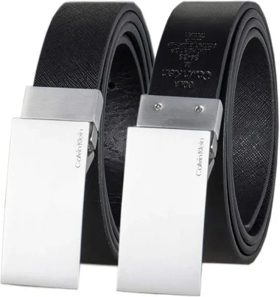 $50 Calvin Klein Men&#039;s Black Textured Reversible Plaque Buckle Belt Size M