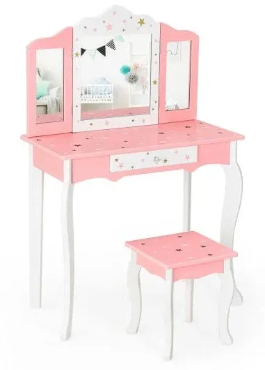 Costway Kids Vanity Princess Makeup Dressing Table Chair Set W/ Tri-folding Mirror