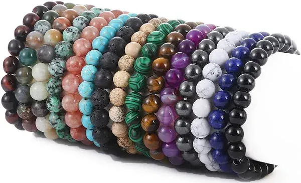 SONNYX 15 PCS 8mm Gorgeous Semi Precious Gemstones Bracelets Round Beaded Bracelets for Women Men Stone Crystal Healing