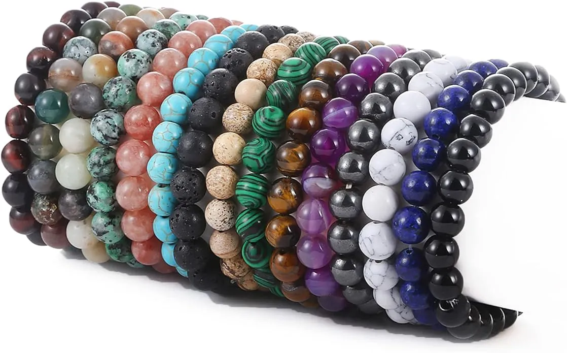 SONNYX 15 PCS 8mm Gorgeous Semi Precious Gemstones Bracelets Round Beaded Bracelets for Women Men Stone Crystal Healing