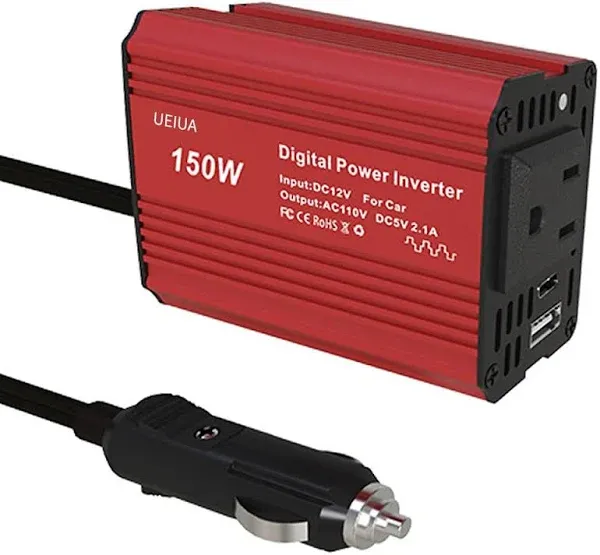 150W DC 12V to AC 110V Outlet Vehicle Power Inverter Transformer Dual USB Port Car Adapter Converter Travel Inverters, Red