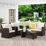 Wisteria Lane 4 Piece Outdoor Patio Furniture Sets, Wicker Conversation Set for Porch Deck, Grey Rattan Sofa Chair with Cushion (Blue)