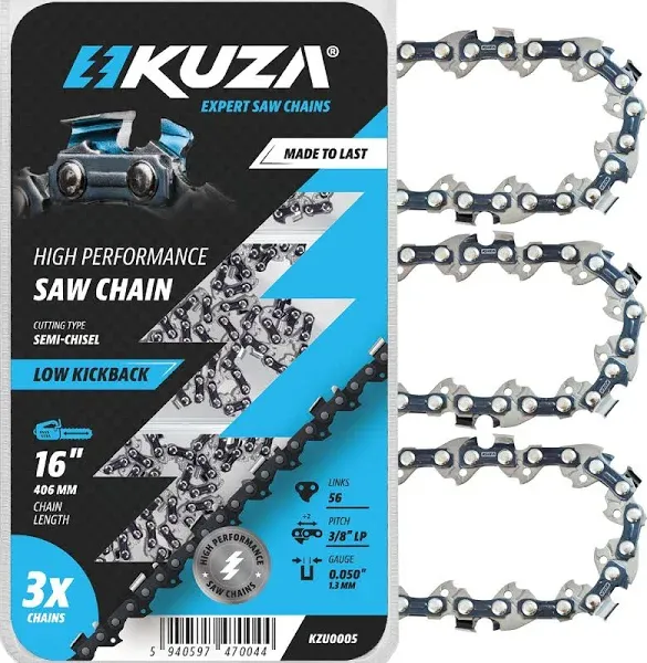 KUZA - 16 Inch Chainsaw Chain 3/8" LP Pitch, 050" Gauge, 57 Drive Links Easy to Install, Highly Durable, German Steel, Low Kickback fits ECHO, YARDWORKS and more