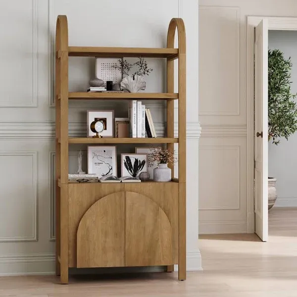 Nathan James Iris 3 Tier Bookshelf Arched Bookcase Cabinet Solid Wood Bookcase with Cabinet Base